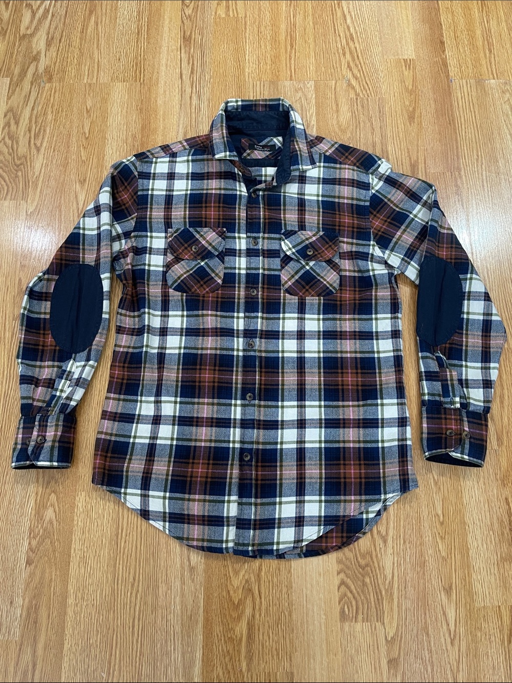 Zara Men's Plaid Flannel Shirt - Navy, Brown & Cream